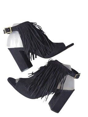 Vince Camuto Winiveer Black Suede Fringe Open-Toe Block Heel Sandals Size 8.5